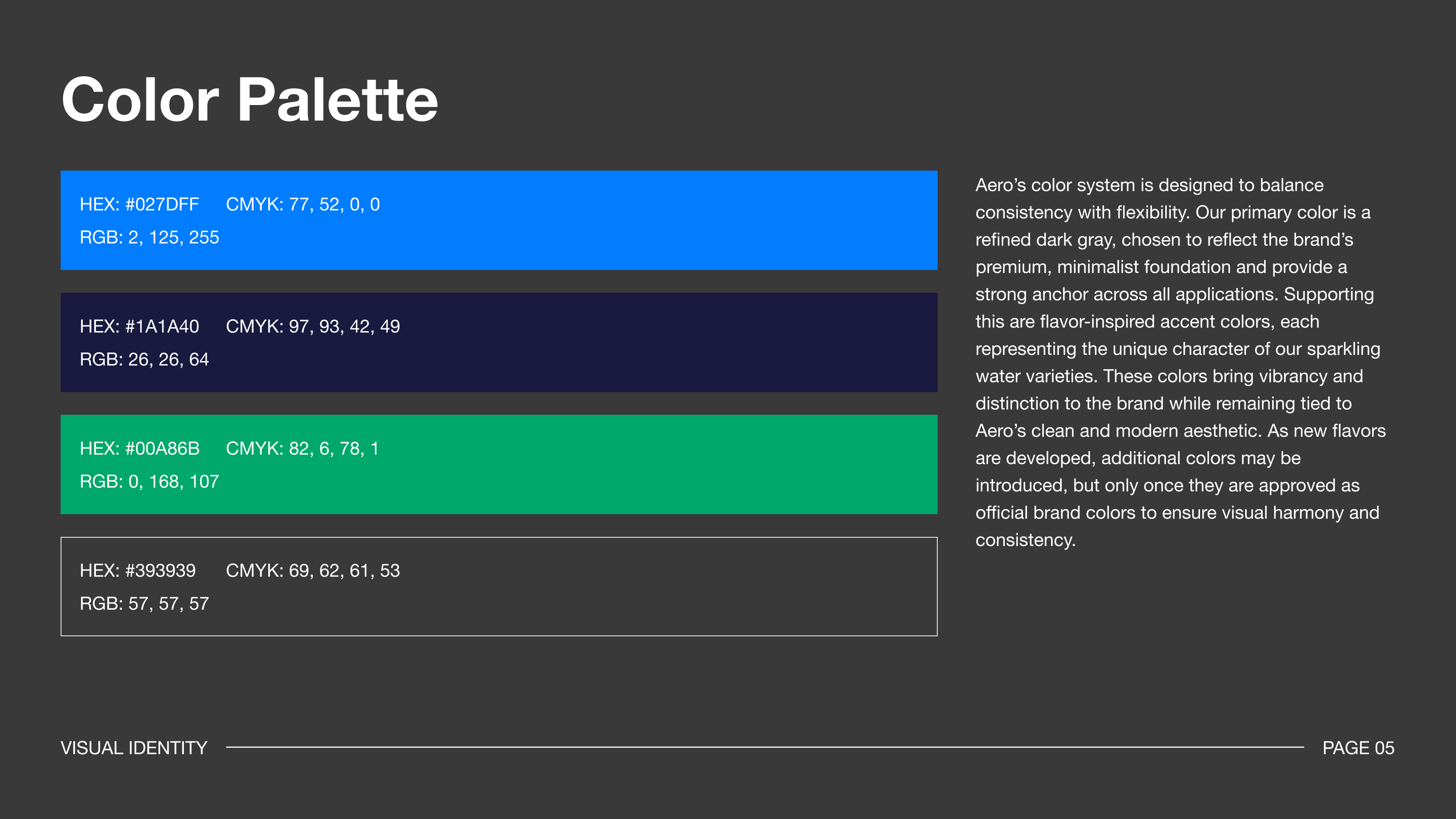 Color palette slide of Aero Sparkling Water brand guidelines