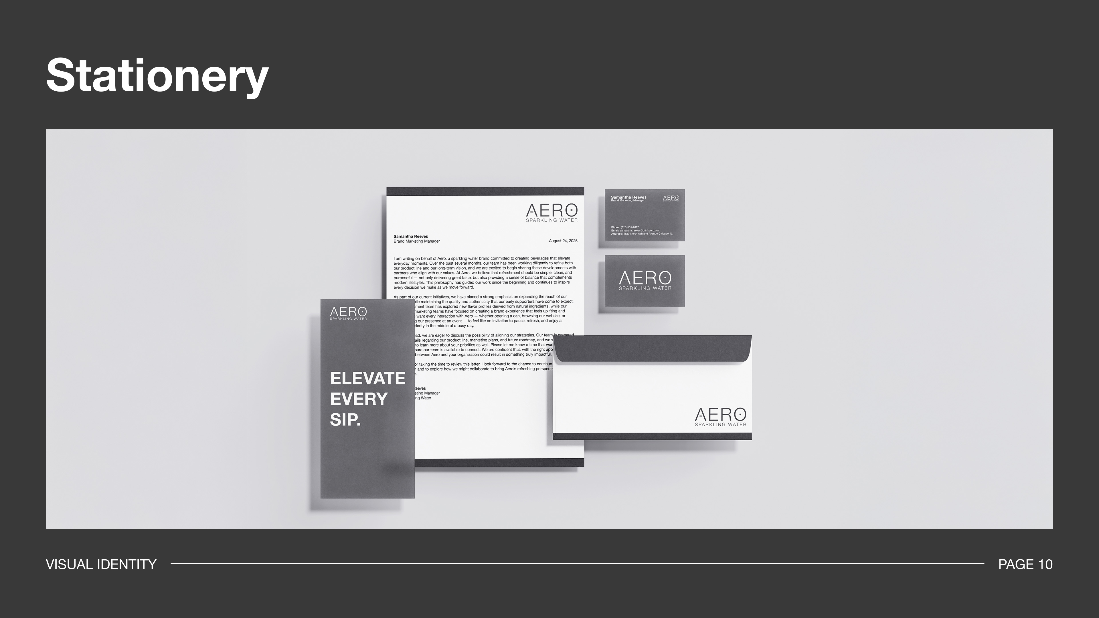 Stationery slide of Aero Sparkling Water brand guidelines