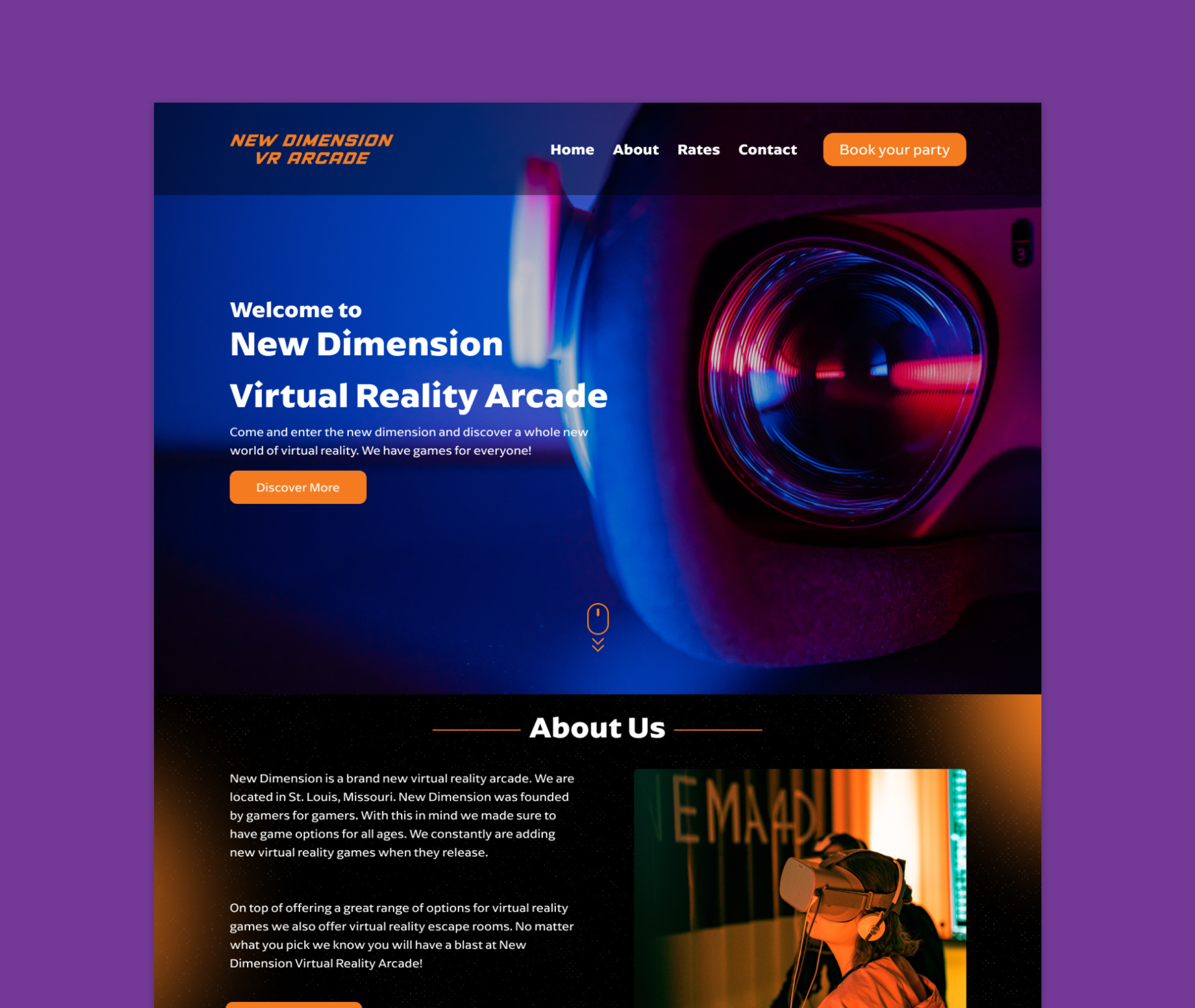 new dimension virtual reality arcade website design