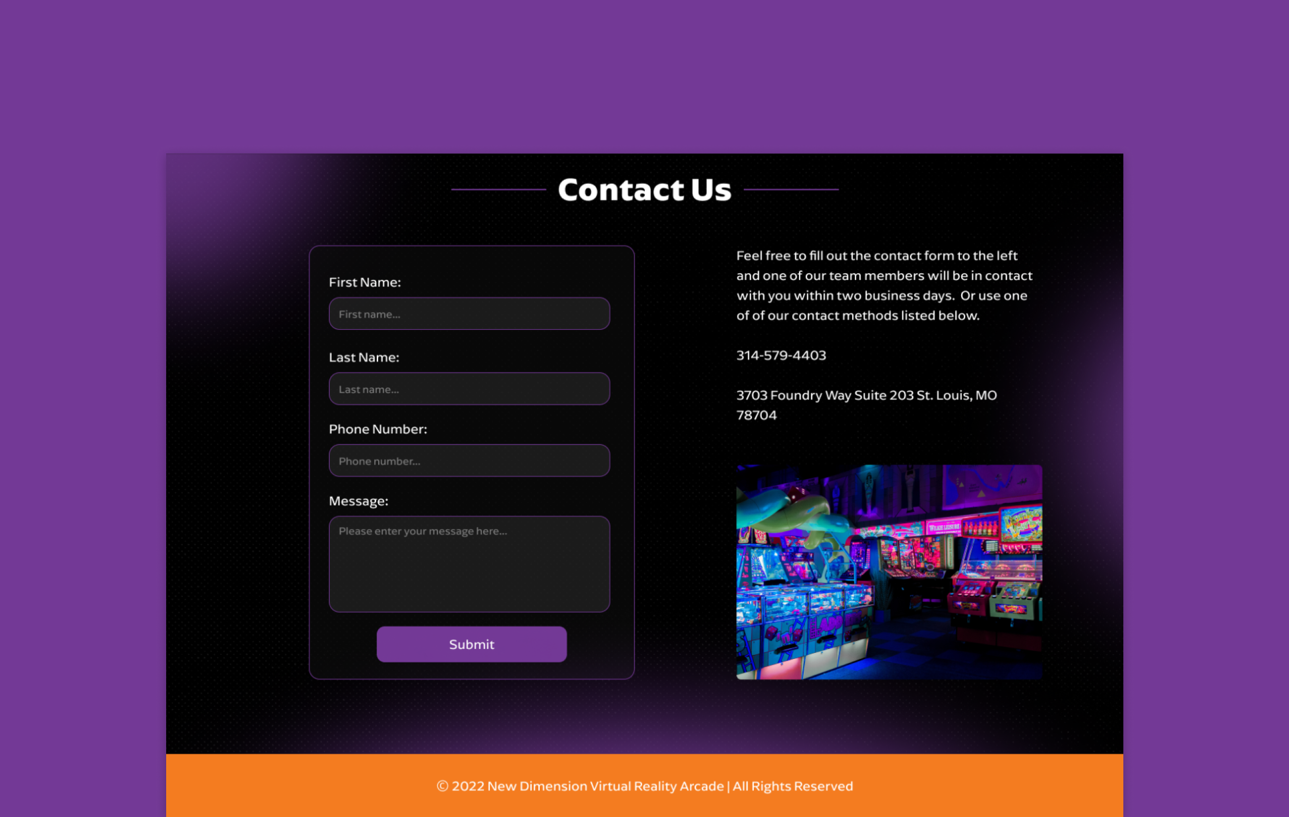 new dimension virtual reality arcade website design