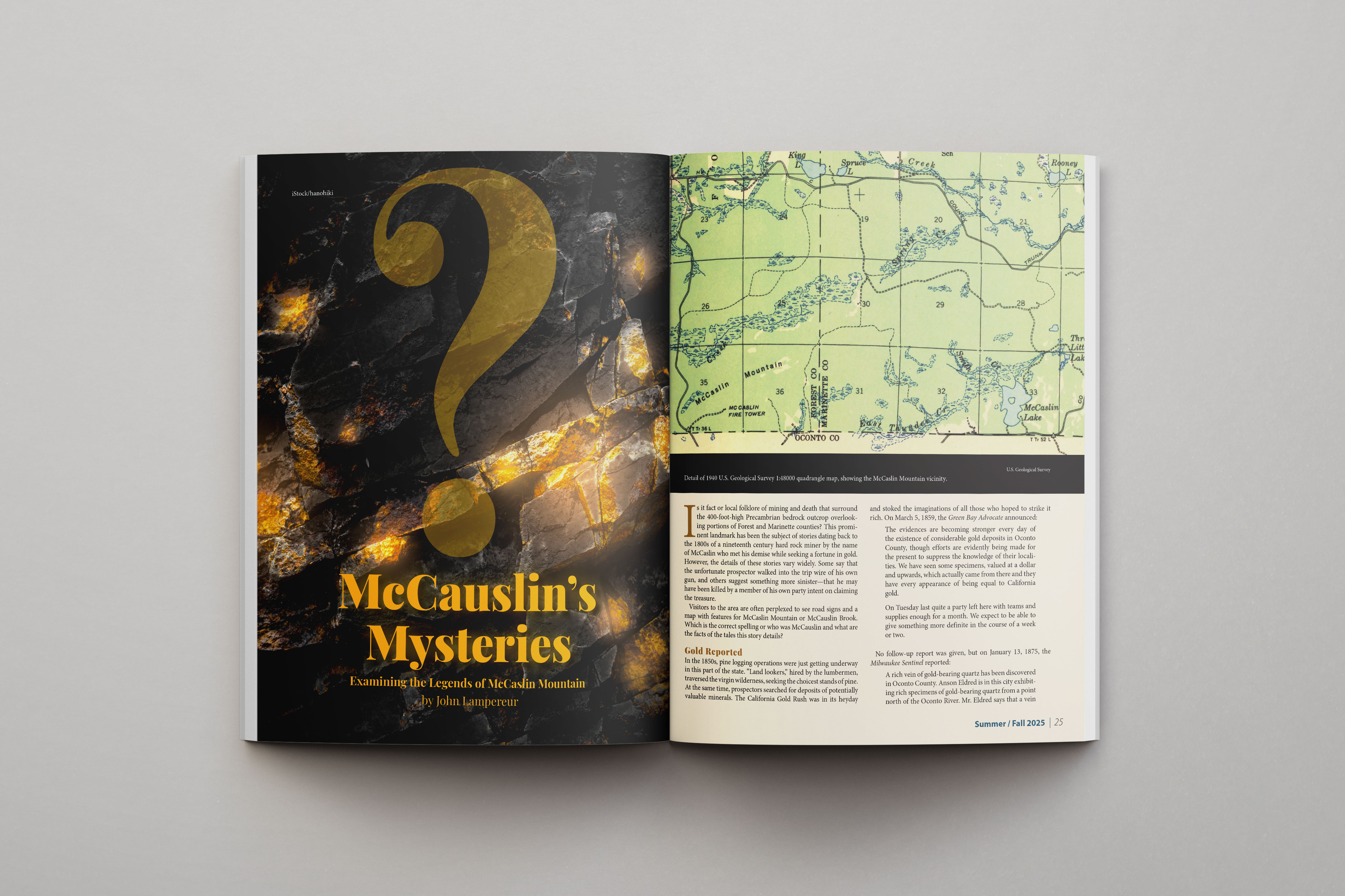 Mockup of the article design for the summer/fall 2025 issue of Voyageur Magazine