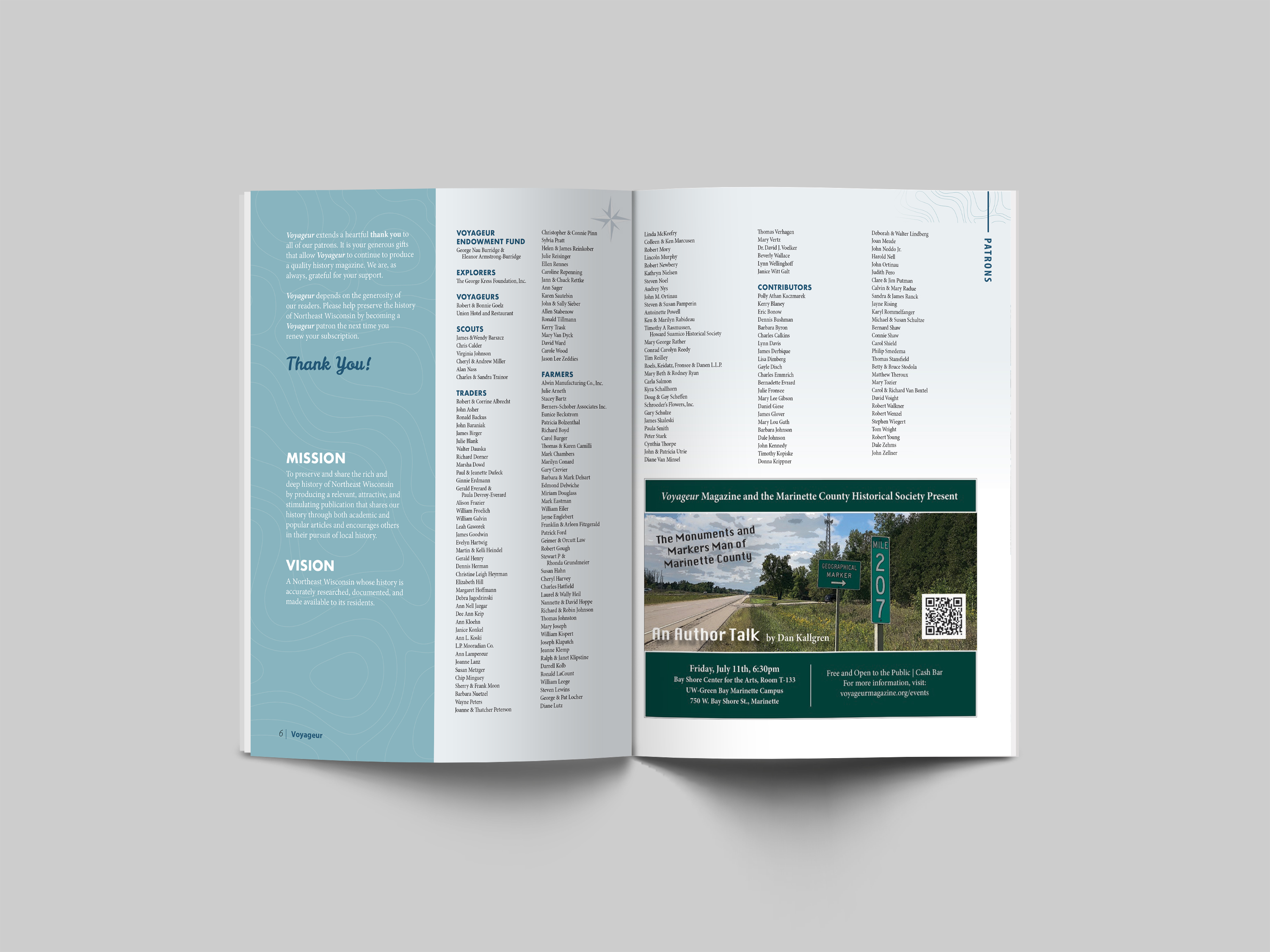 Mockup of the patrons spread for the summer/fall 2025 issue of Voyageur Magazine