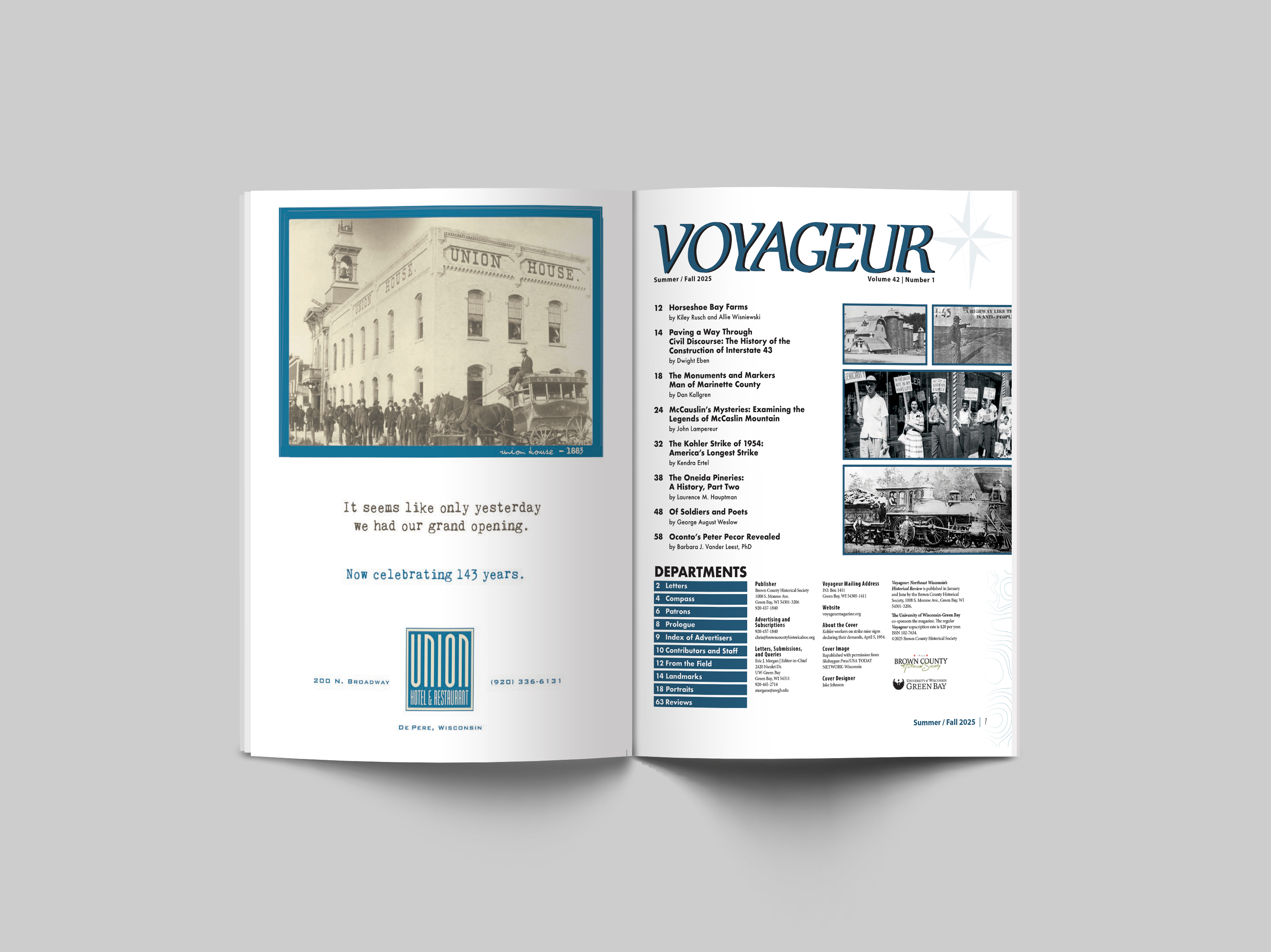Mockup of the table of contents design for the summer/fall 2025 issue of Voyageur Magazine